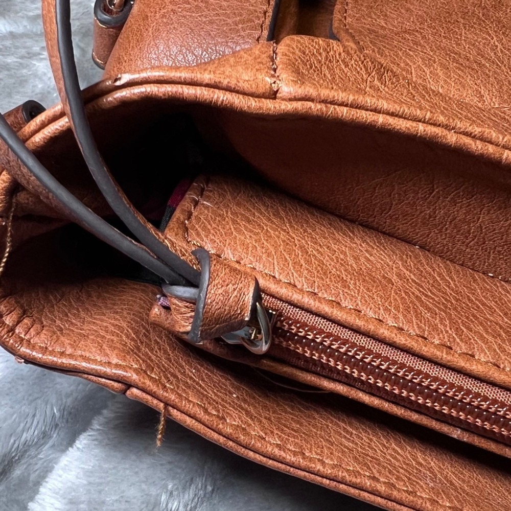 Vintage Style Tan Faux Leather Satchel Bag Plaid Lining Handle Shoulder Strap - Picture 7 of 13